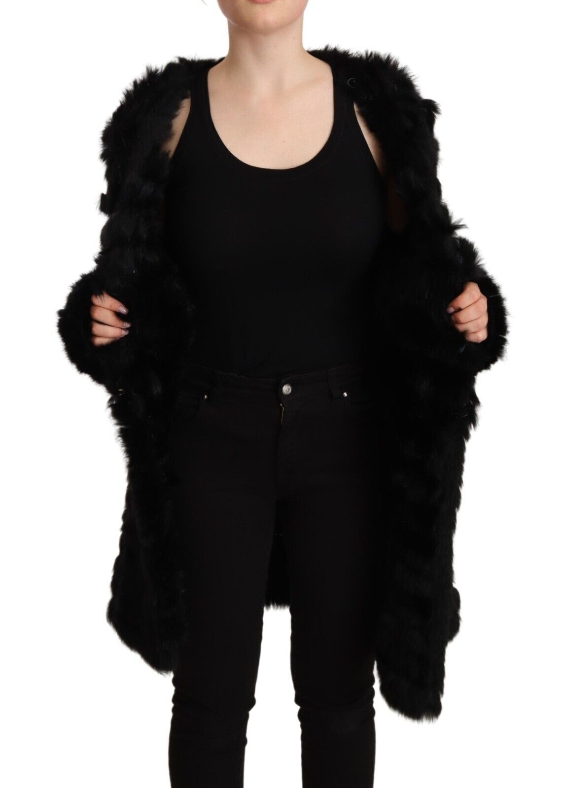 Just Cavalli Black Rabbit Fur Cardigan Long Sleeves Jacket - Fizigo