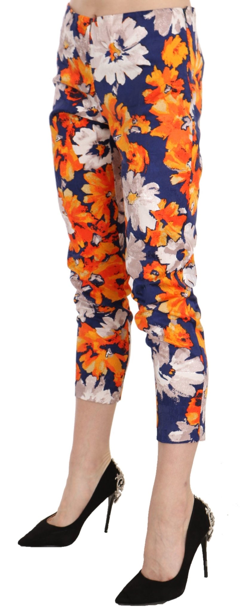 LANACAPRINA Blue Floral Print Skinny Slim Fit Trousers Pants - Fizigo