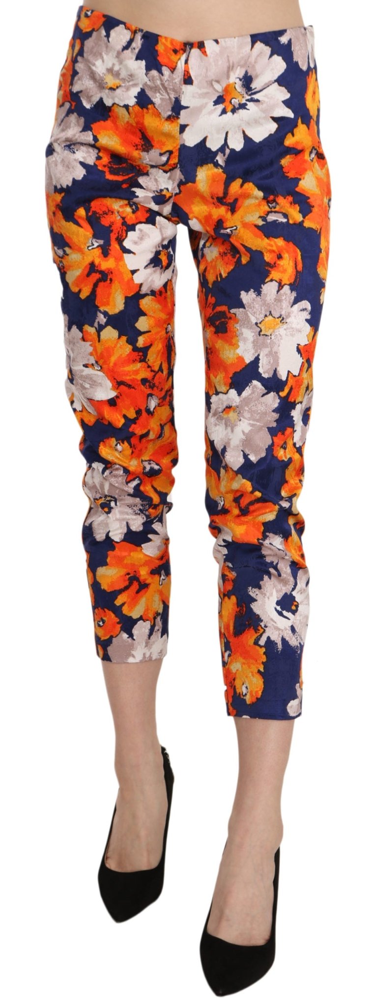 LANACAPRINA Blue Floral Print Skinny Slim Fit Trousers Pants - Fizigo