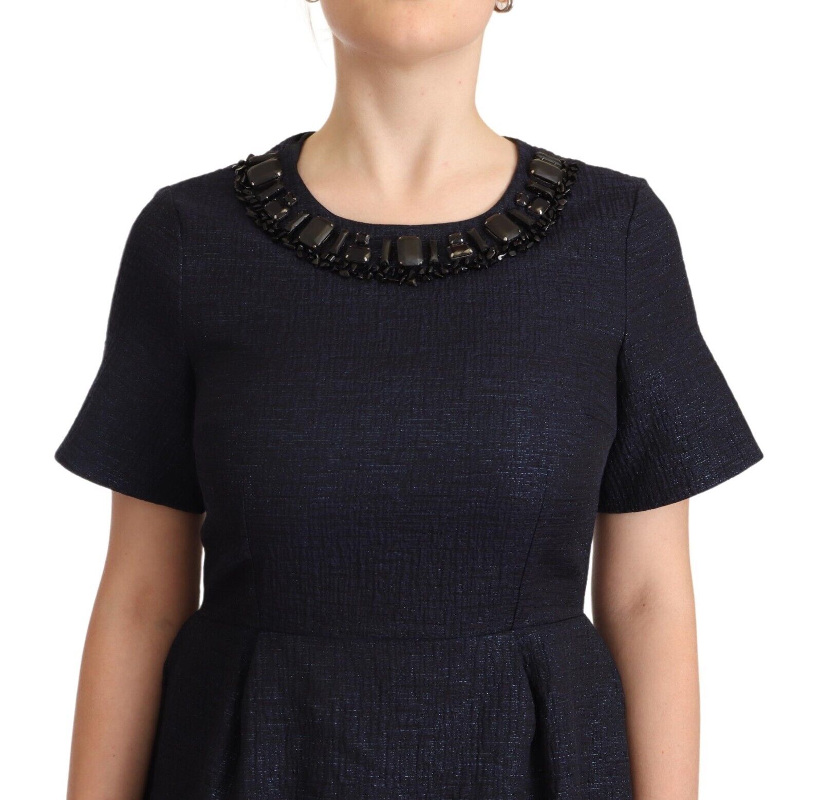 L'Autre Chose Black Embellished Short Sleeves Mini A-line Dress - Fizigo