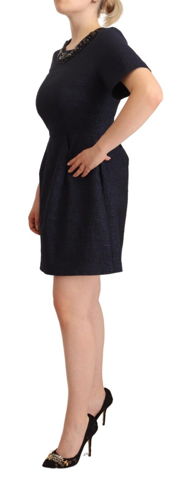 L'Autre Chose Black Embellished Short Sleeves Mini A-line Dress - Fizigo