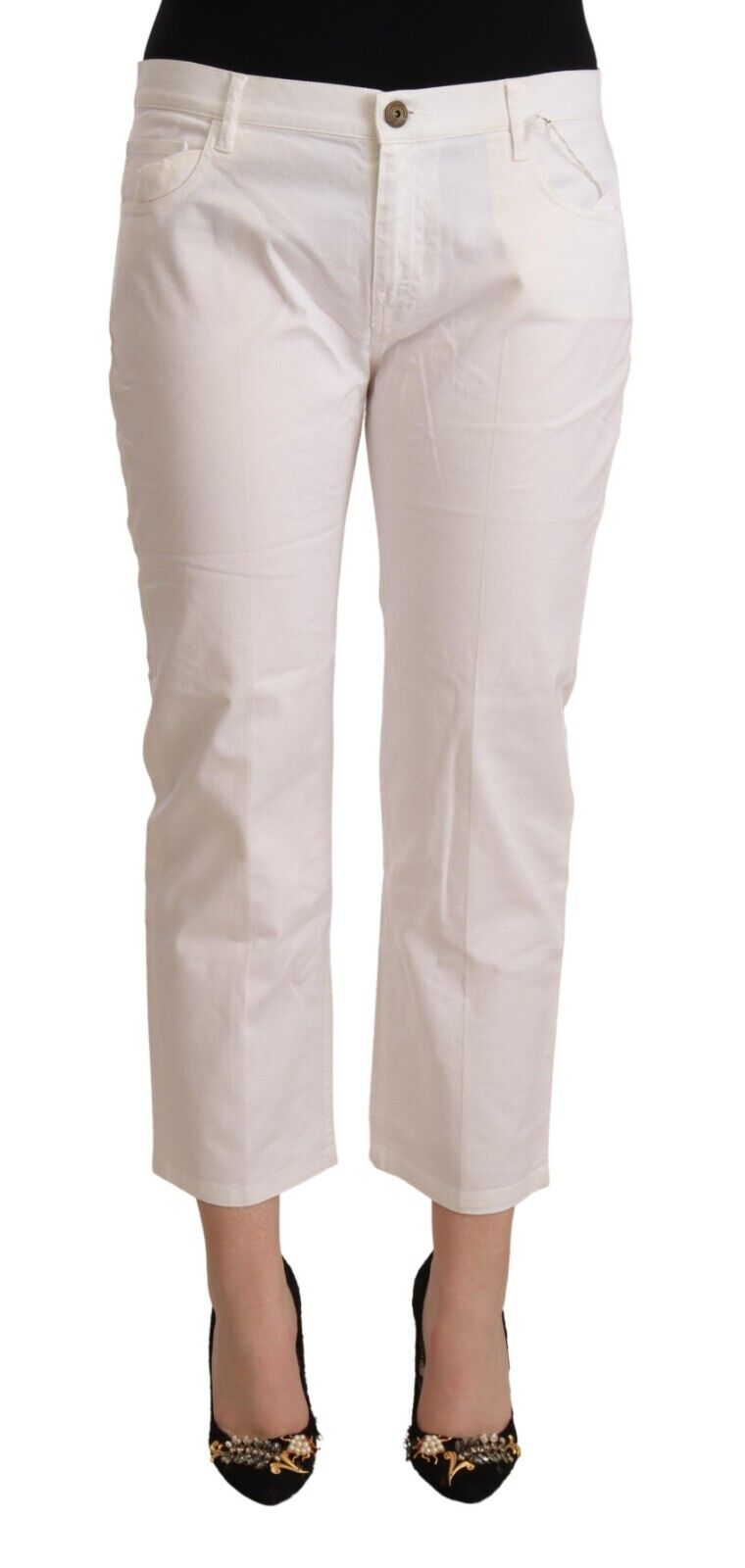 L'Autre Chose White Cotton Mid Waist Cropped Denim Jeans - Fizigo