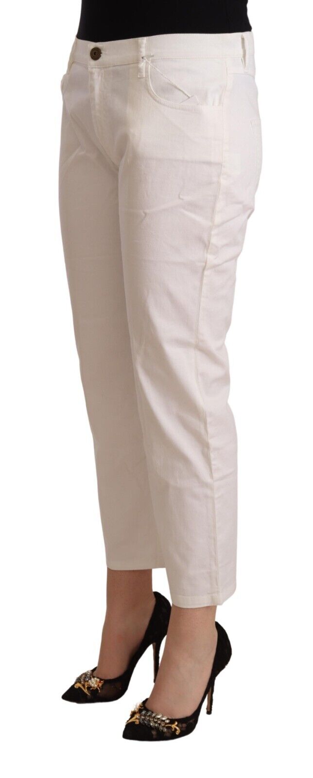 L'Autre Chose White Cotton Mid Waist Cropped Denim Jeans - Fizigo