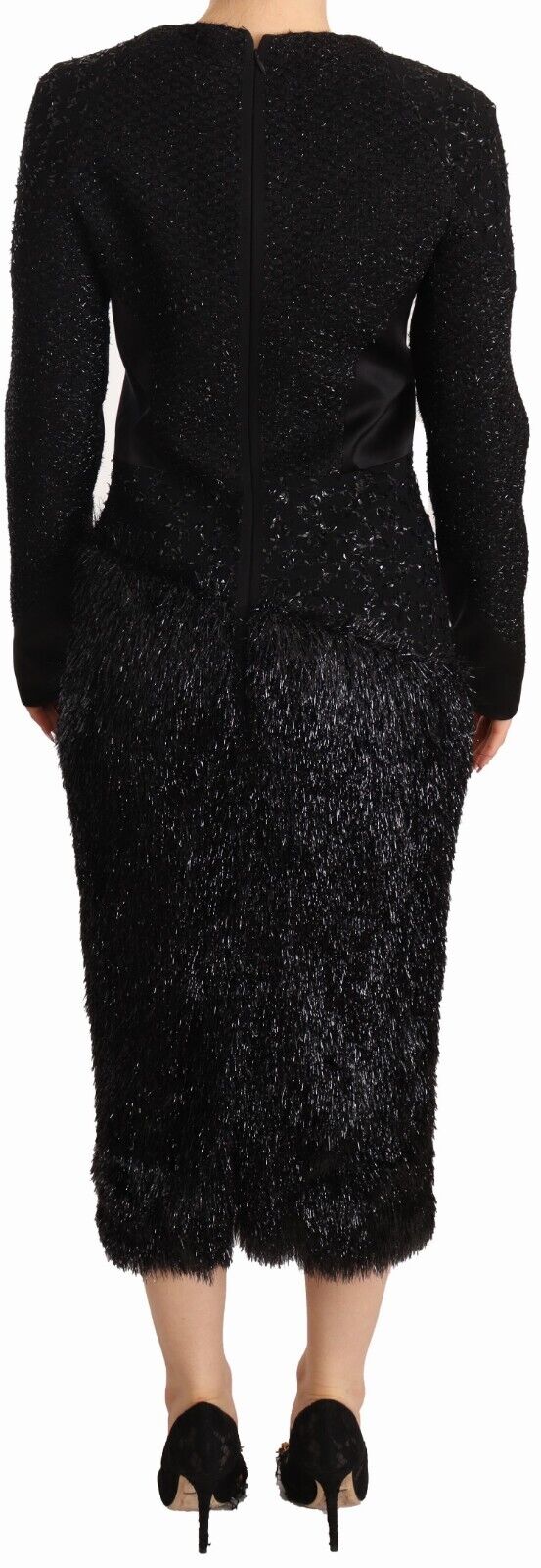 Masha Ma Black Studs Embellished Long Sleeves Sheath Midi Dress - Fizigo