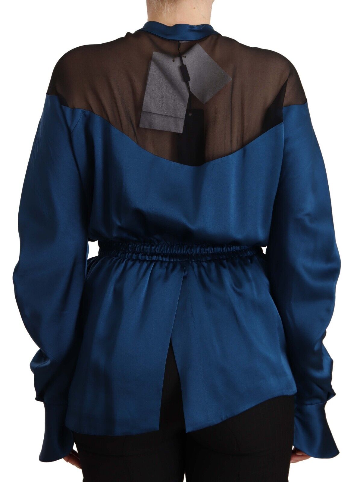 Masha Ma Blue Silk Long Sleeves Elastic Waist Top Blouse - Fizigo