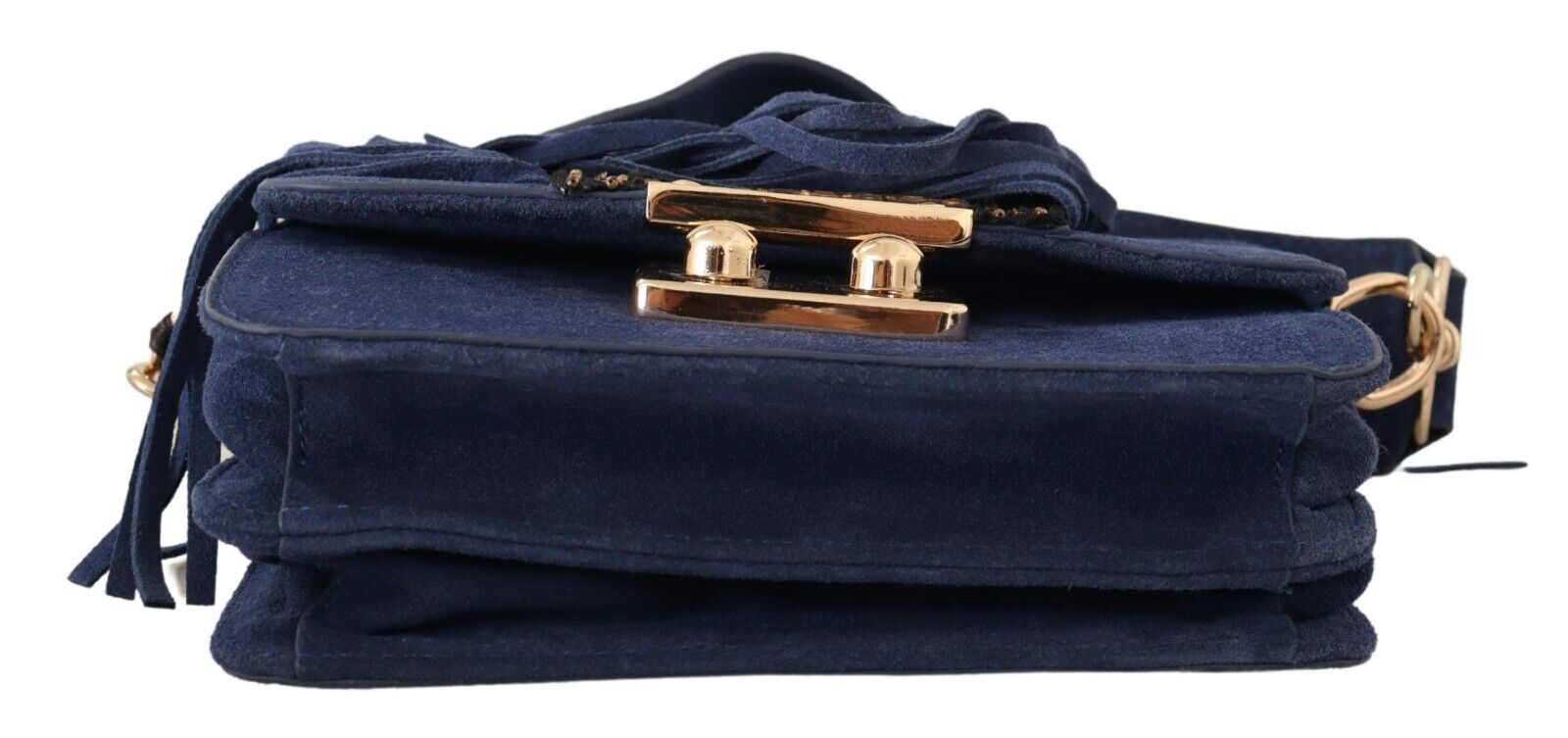 MIA Blue Suede Gold Applique Logo Shoulder Handbag Bag - Fizigo