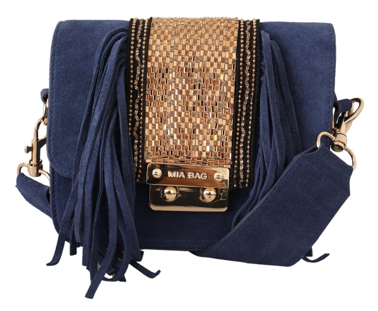 MIA Blue Suede Gold Applique Logo Shoulder Handbag Bag - Fizigo