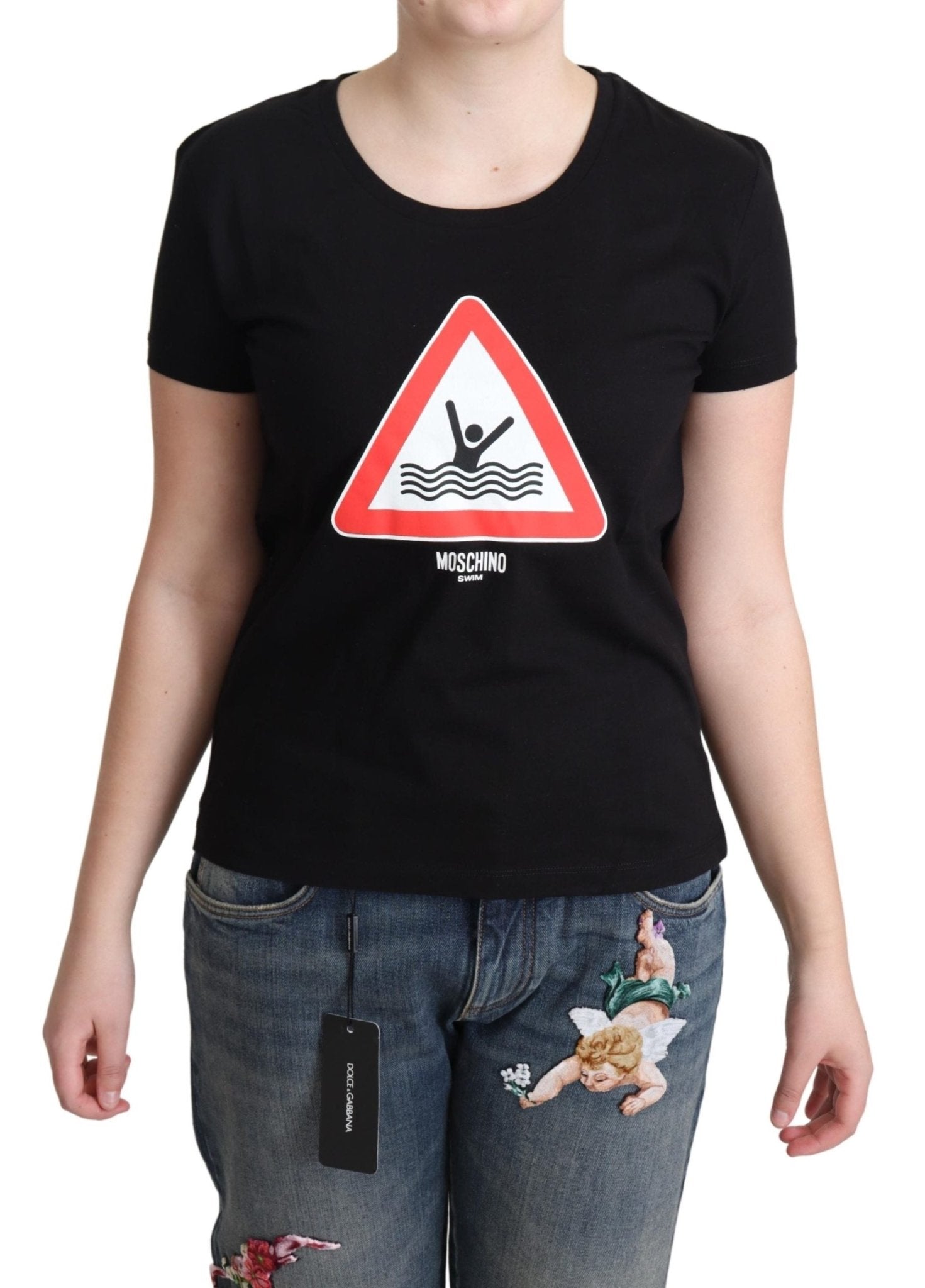 Moschino Black Cotton Swim Graphic Triangle Print T-shirt - Fizigo