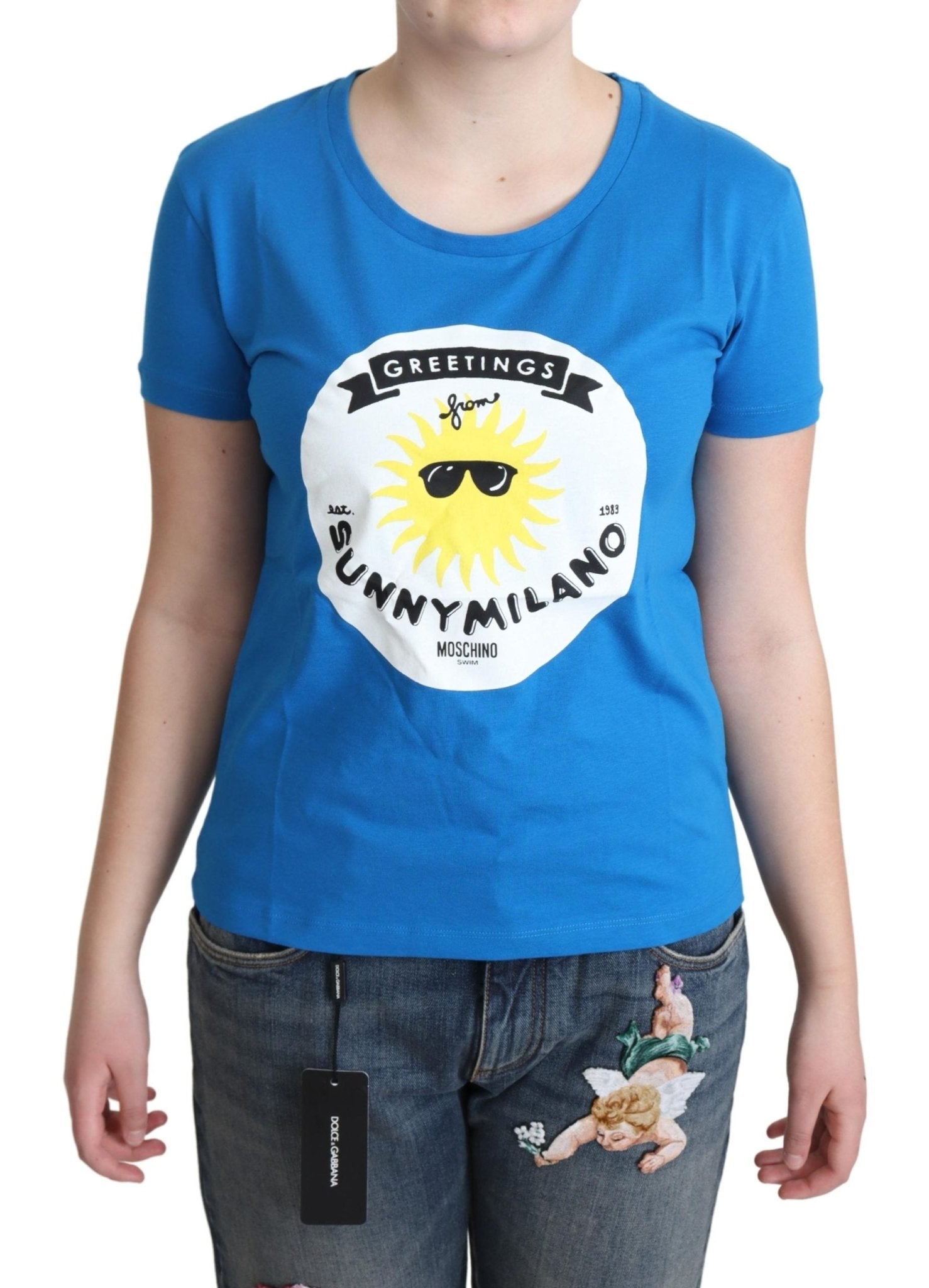Moschino Blue Cotton Sunny Milano Print Tops T-shirt - Fizigo