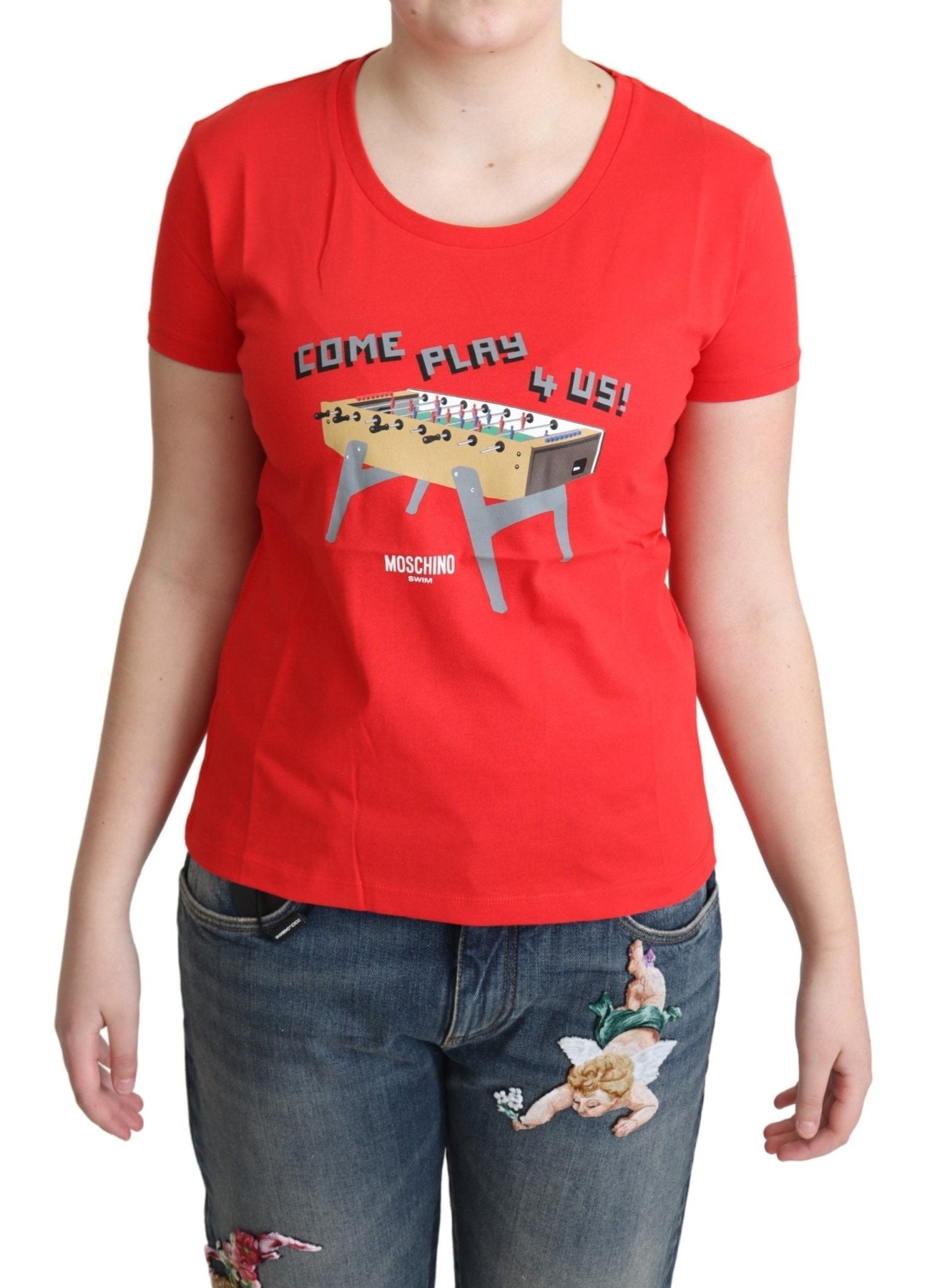 Moschino Red Cotton Come Play 4 Us Print Tops Blouse T-shirt - Fizigo
