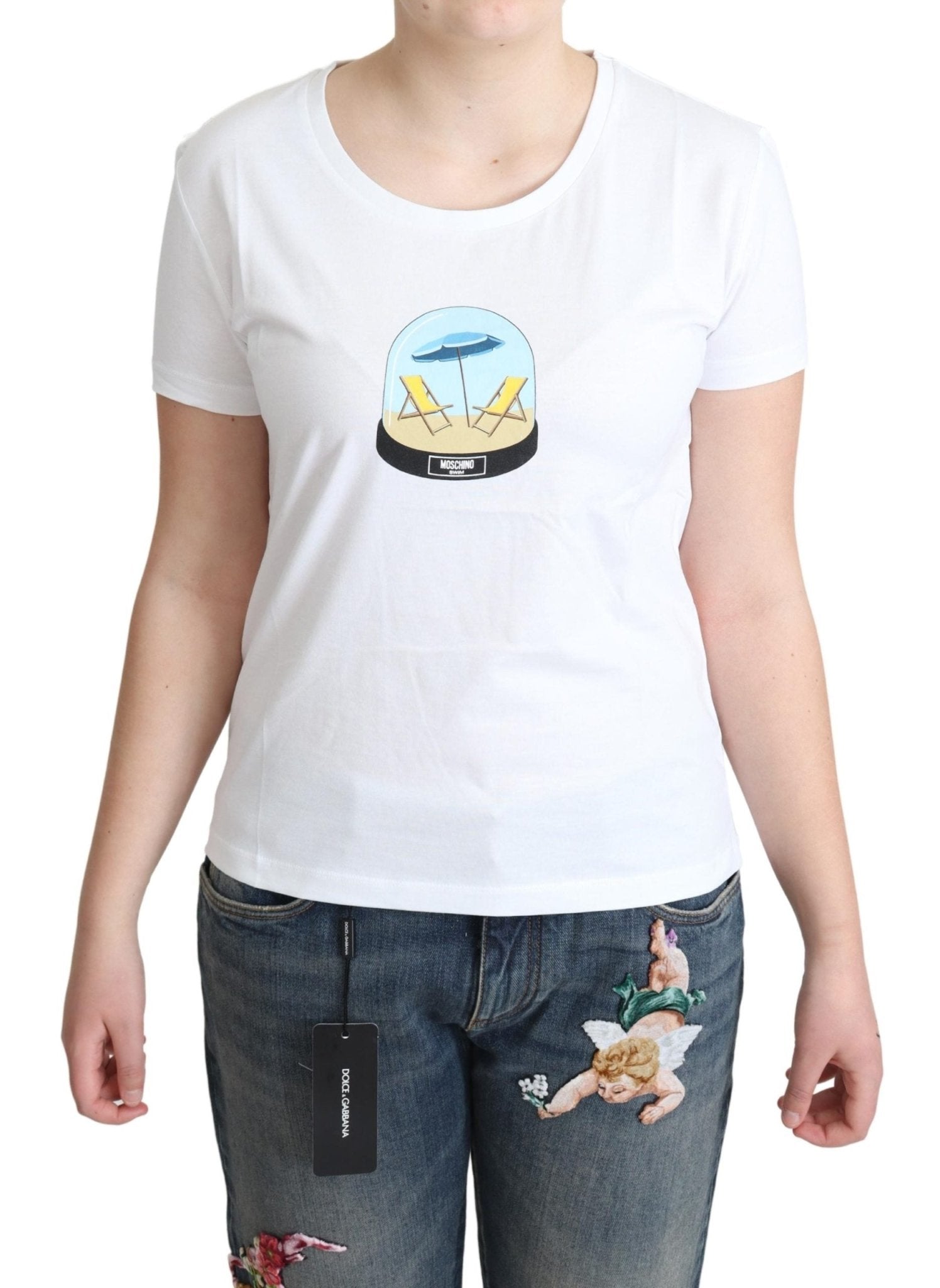 Moschino White Printed Cotton Short Sleeves Tops T-shirt - Fizigo