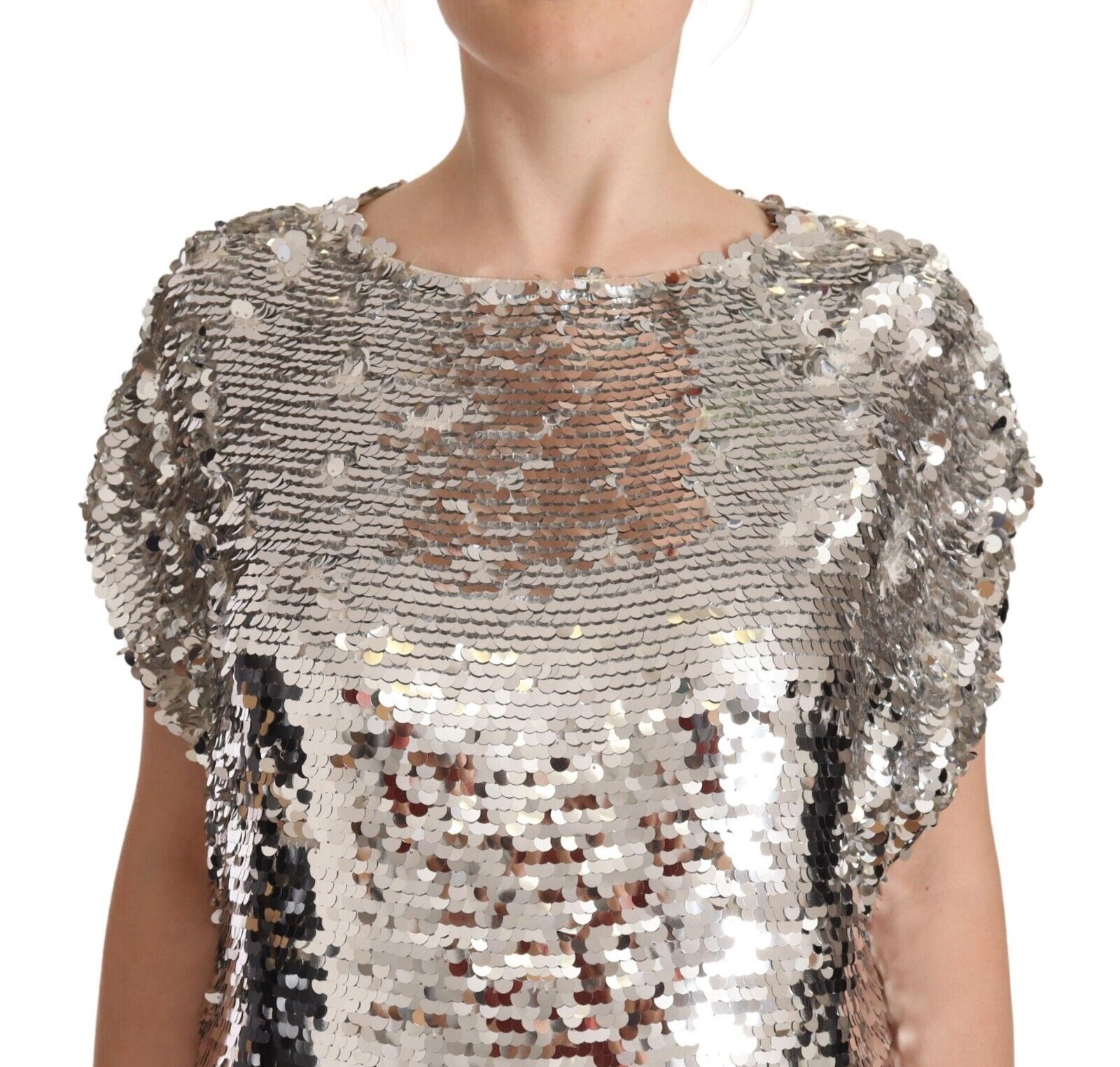 MSGM Silver Sequined Polyester Short Sleeves Shift Mini Dress - Fizigo