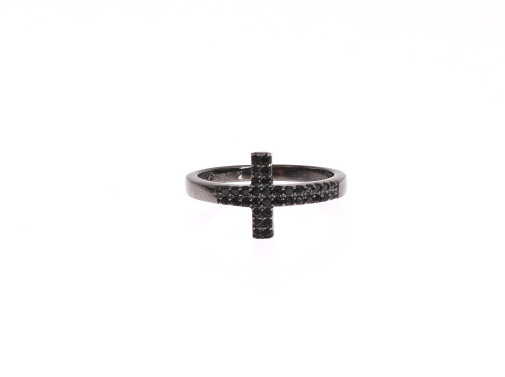 Nialaya Black CZ Cross Rhodium 925 Ring - Fizigo