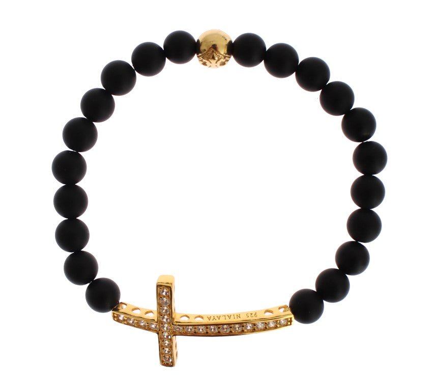 Nialaya Matte Onyx Stone Gold CZ Cross 925 Silver Bracelet - Fizigo
