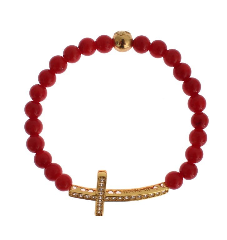 Nialaya Red Coral Gold CZ Cross 925 Silver Bracelet - Fizigo