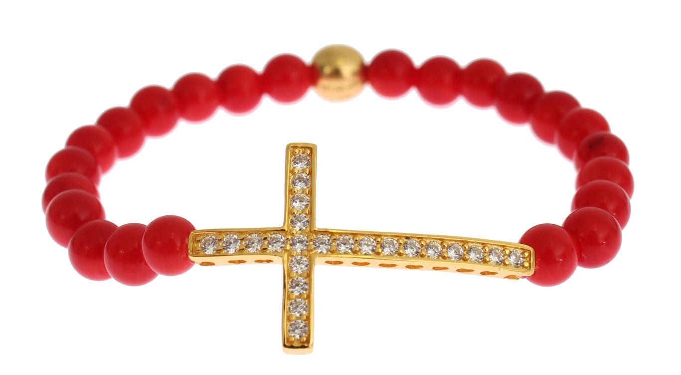 Nialaya Red Coral Gold CZ Cross 925 Silver Bracelet - Fizigo