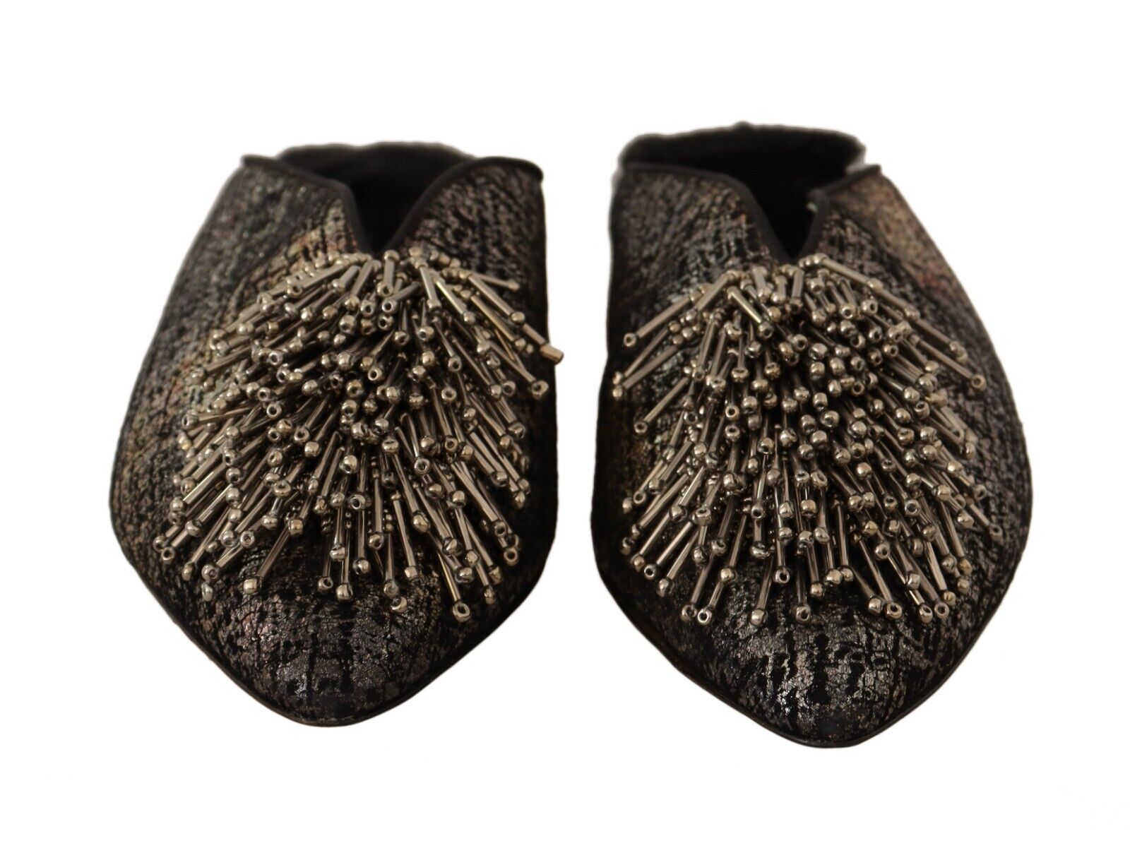 Paola D'Arcano Gold Jacquard Leather Embellished Slip On Shoes - Fizigo