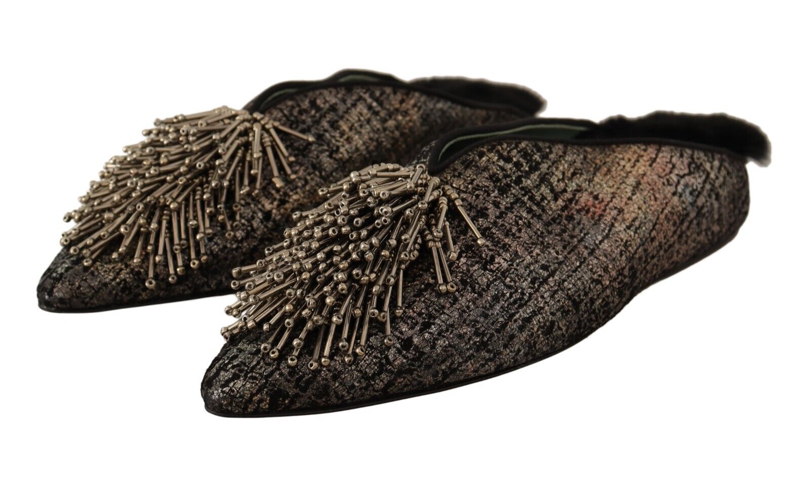 Paola D'Arcano Gold Jacquard Leather Embellished Slip On Shoes - Fizigo