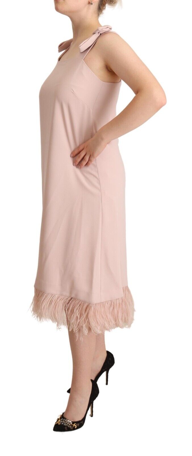 P.A.R.O.S.H. Pink Polyester Sleeveless Midi Feather Shift Dress - Fizigo