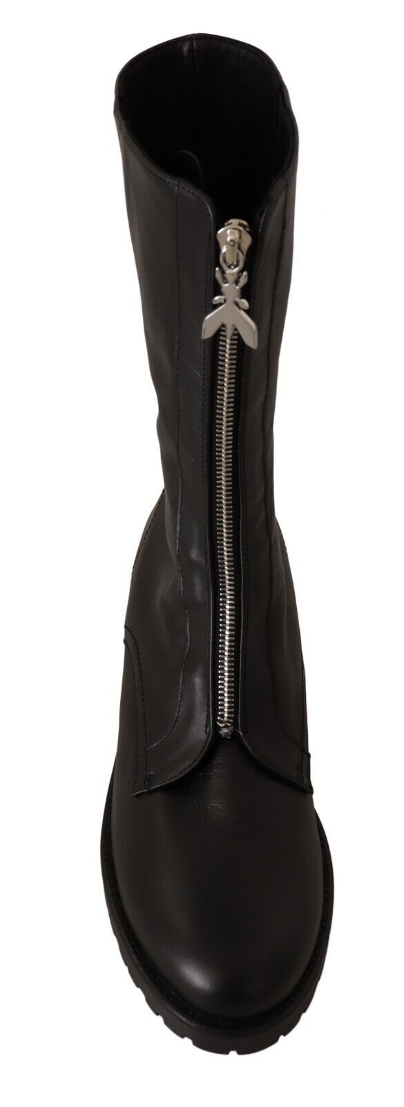 Patrizia Pepe Black Leather High Boots Front Zip Closure Shoes - Fizigo