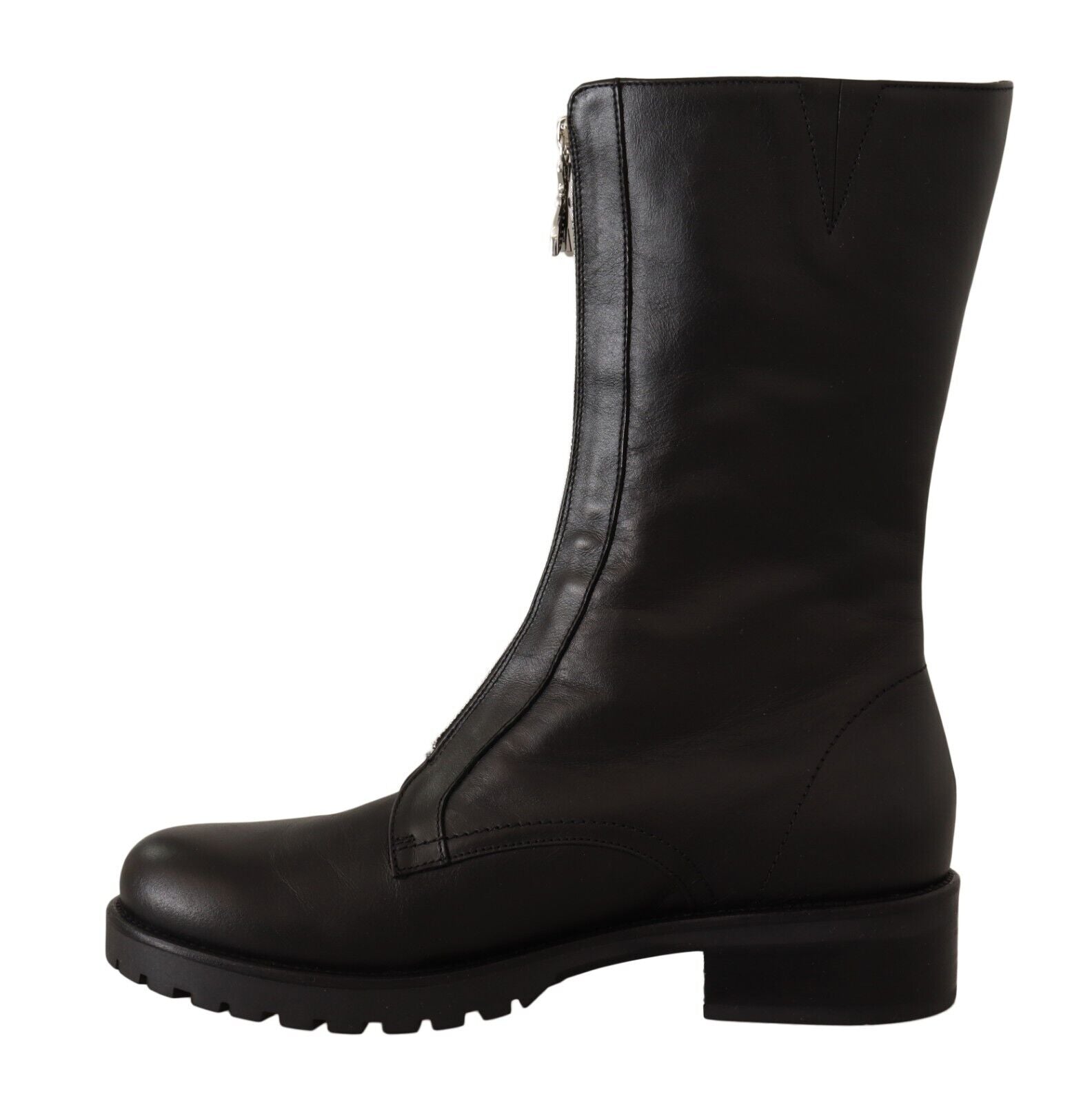 Patrizia Pepe Black Leather High Boots Front Zip Closure Shoes - Fizigo