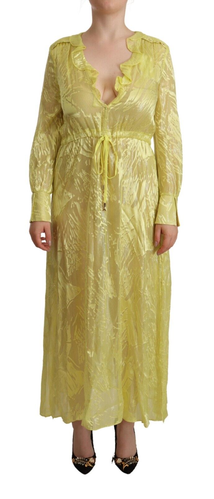 Patrizia Pepe Yellow Silk Long Sleeves Plunging Maxi Dress - Fizigo
