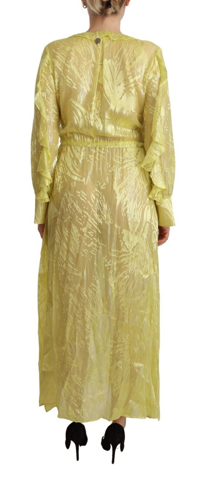 Patrizia Pepe Yellow Silk Long Sleeves Plunging Maxi Dress - Fizigo