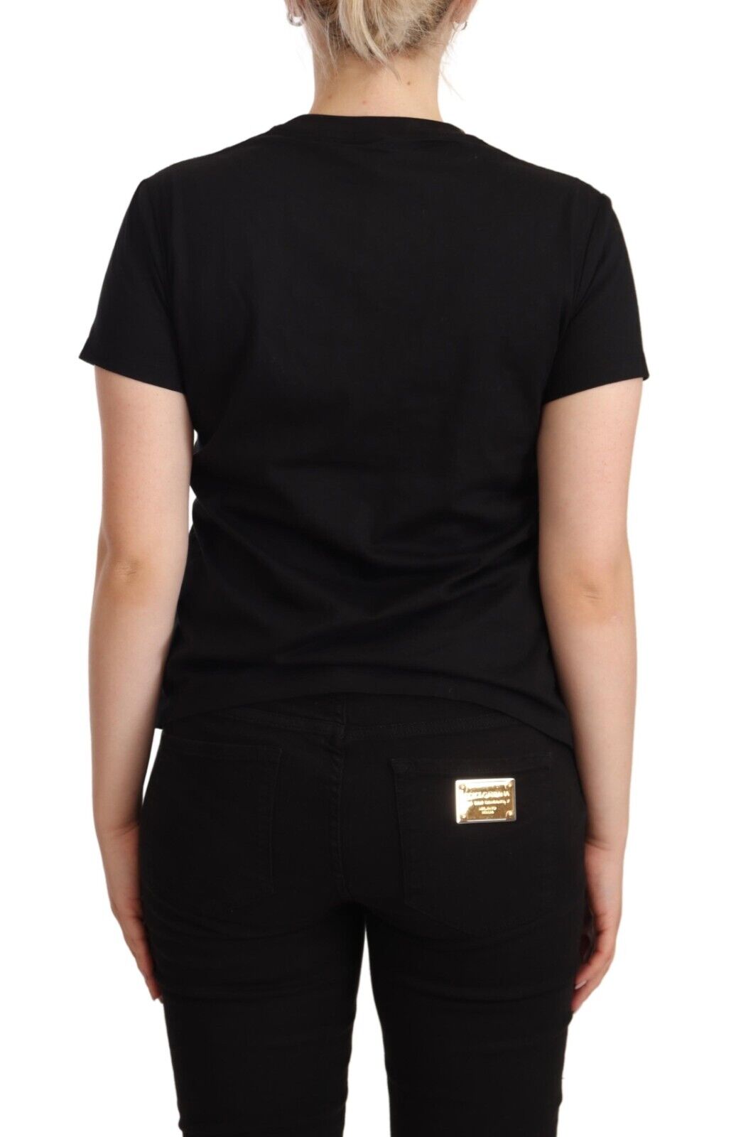 PINKO Black Cotton Short Sleeves Embellished T-shirt Jersey Top - Fizigo