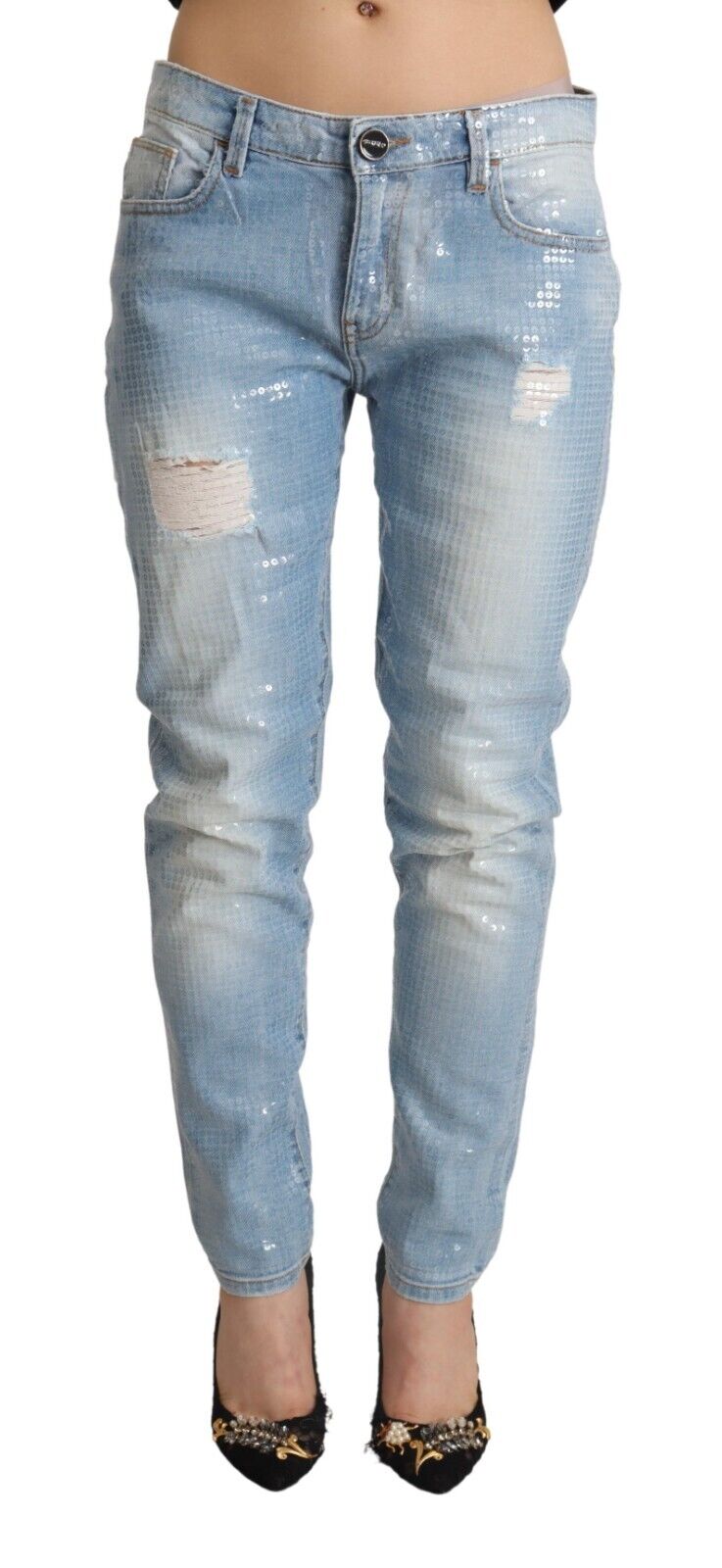 PINKO Light Blue Distressed Cotton Skinny Low Waist Denim Jeans - Fizigo