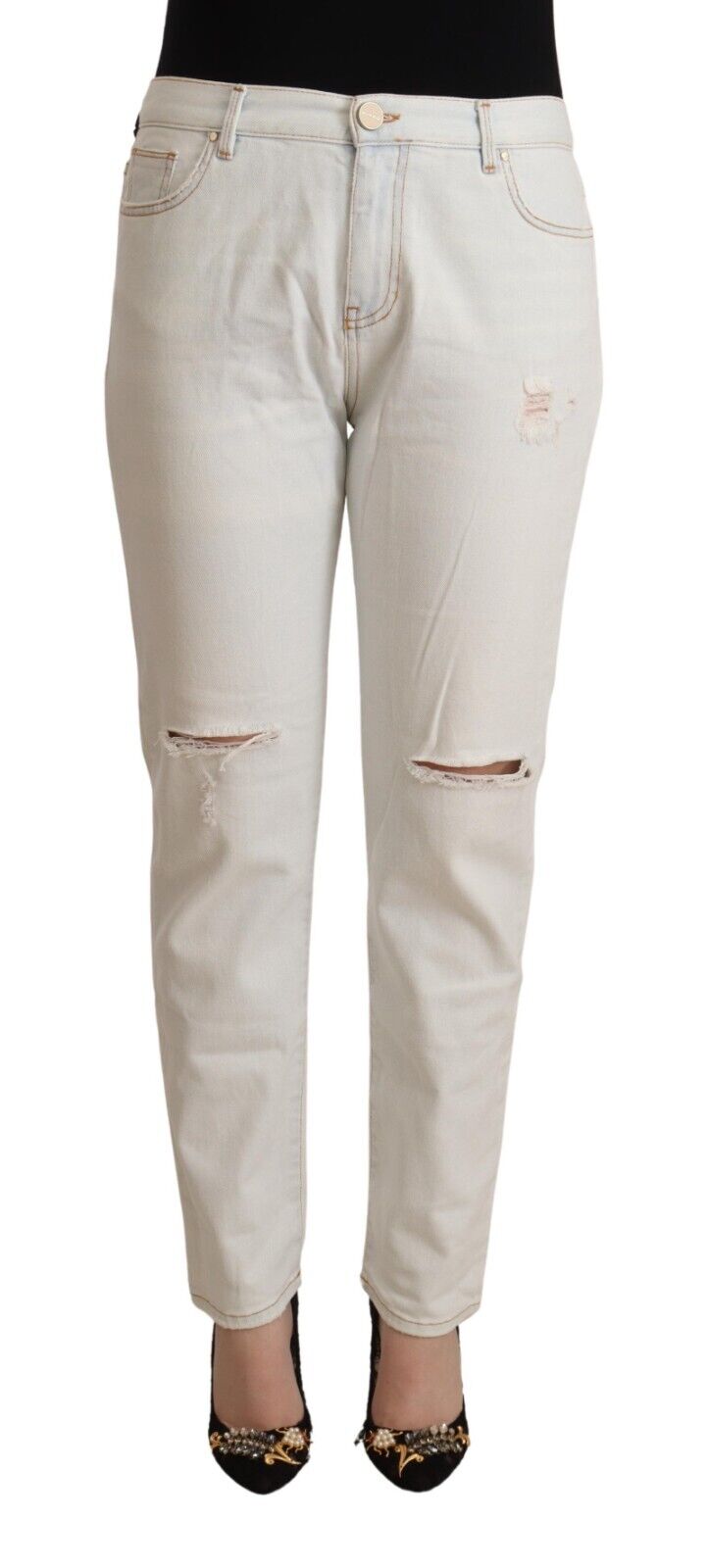 PINKO White Cotton Distressed Mid Waist Skinny Denim Jeans - Fizigo