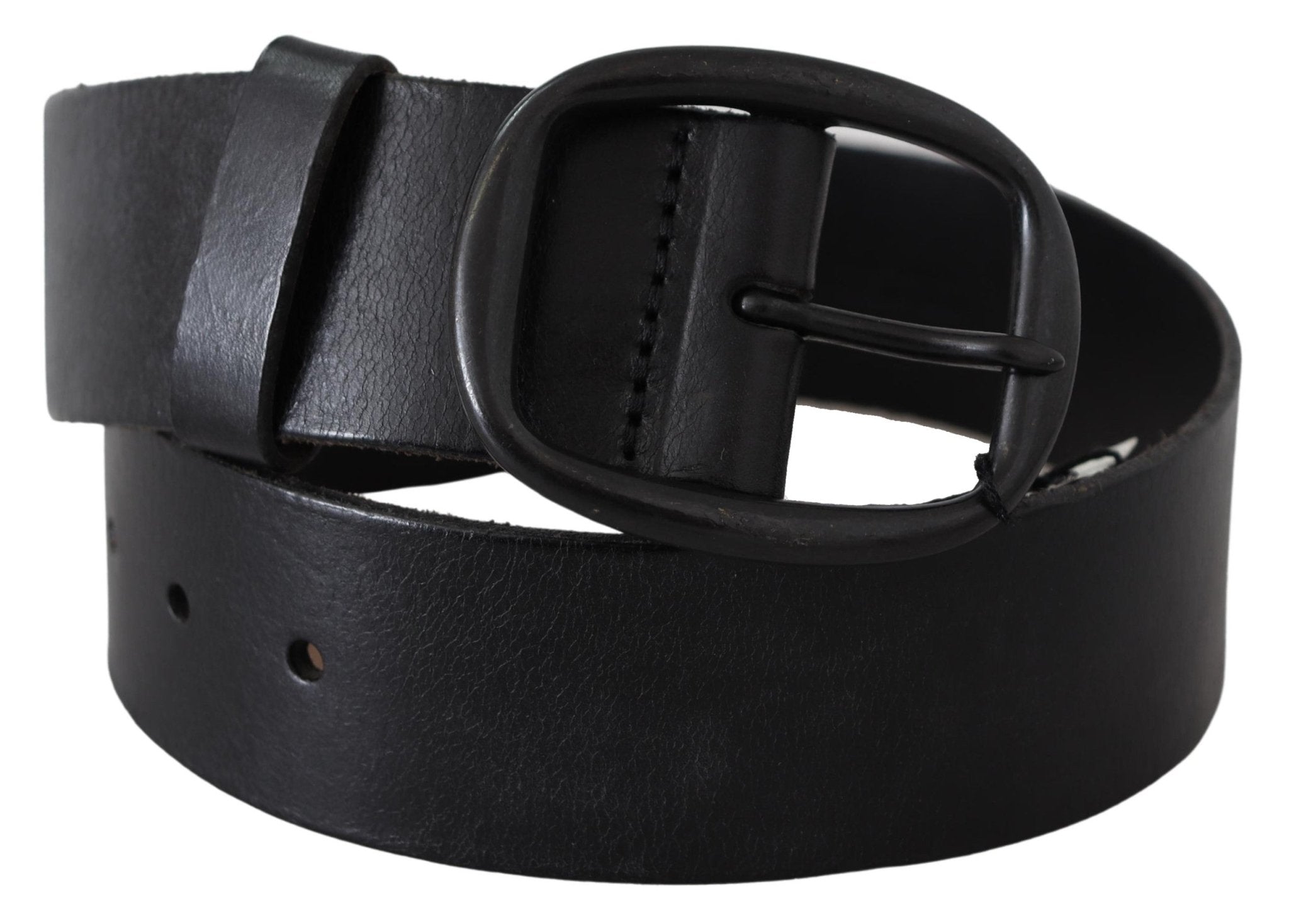 PLEIN SUD Black Genuine Leather Oval Metal Buckle Belt - Fizigo