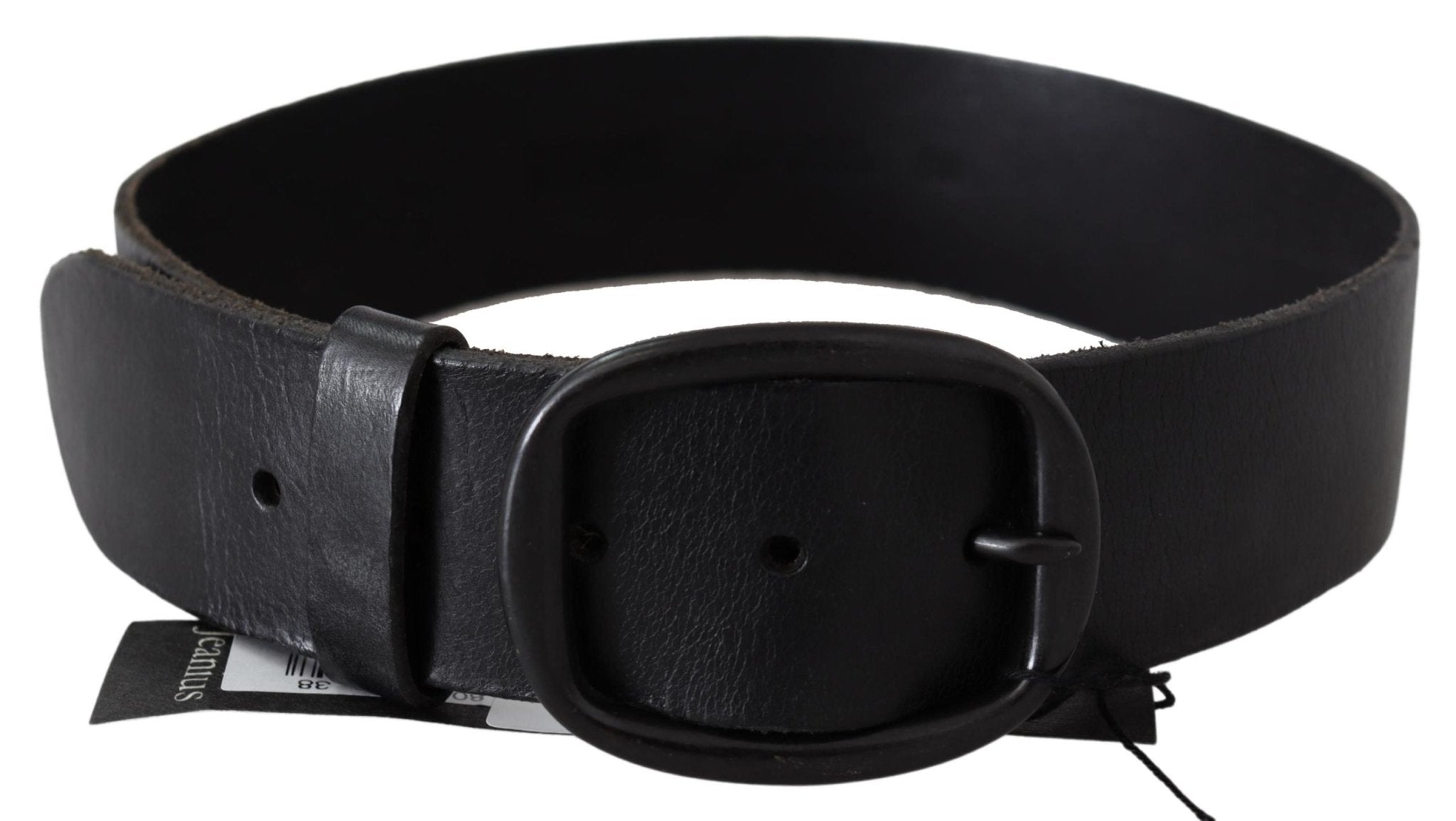 PLEIN SUD Black Genuine Leather Oval Metal Buckle Belt - Fizigo