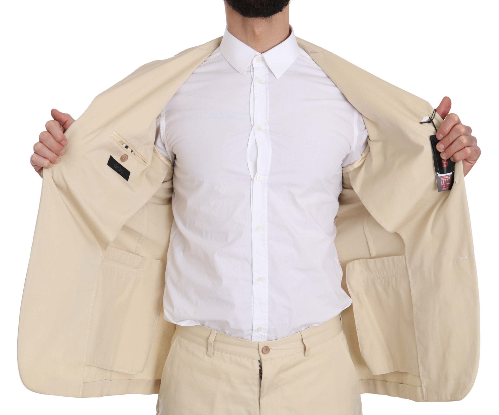 Romeo Gigli Two Piece 3 Button Beige Cotton Solid Suit - Fizigo