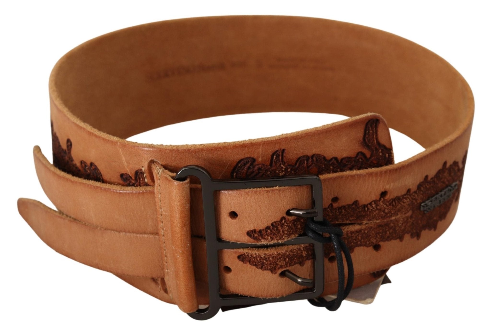 Scervino Street Brown Genuine Leather Black Logo Buckle Belt - Fizigo