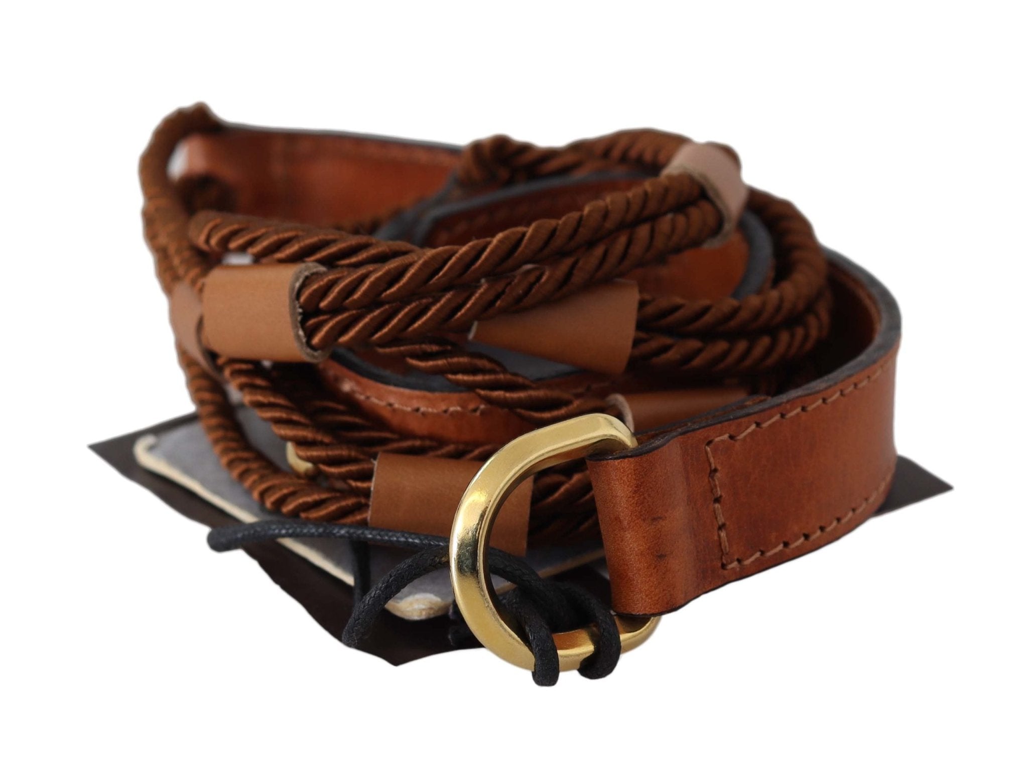 Scervino Street Brown Leather Braided Rope Gold Buckle Belt - Fizigo