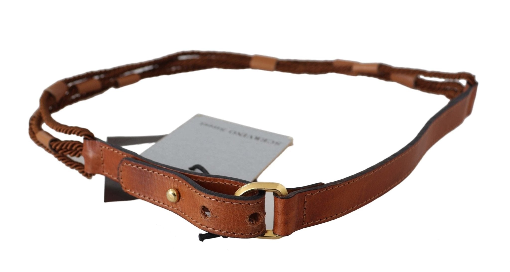 Scervino Street Brown Leather Braided Rope Gold Buckle Belt - Fizigo