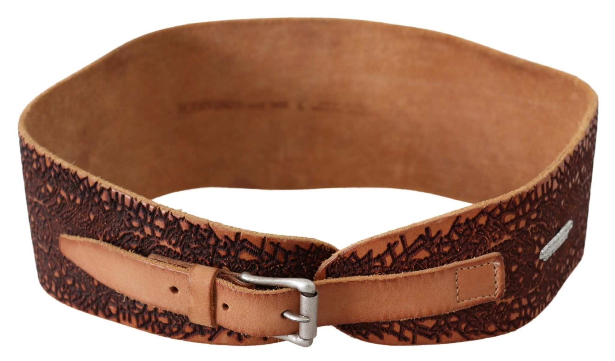 Scervino Street Brown Wide Leather Embroidered Design Logo Belt - Fizigo