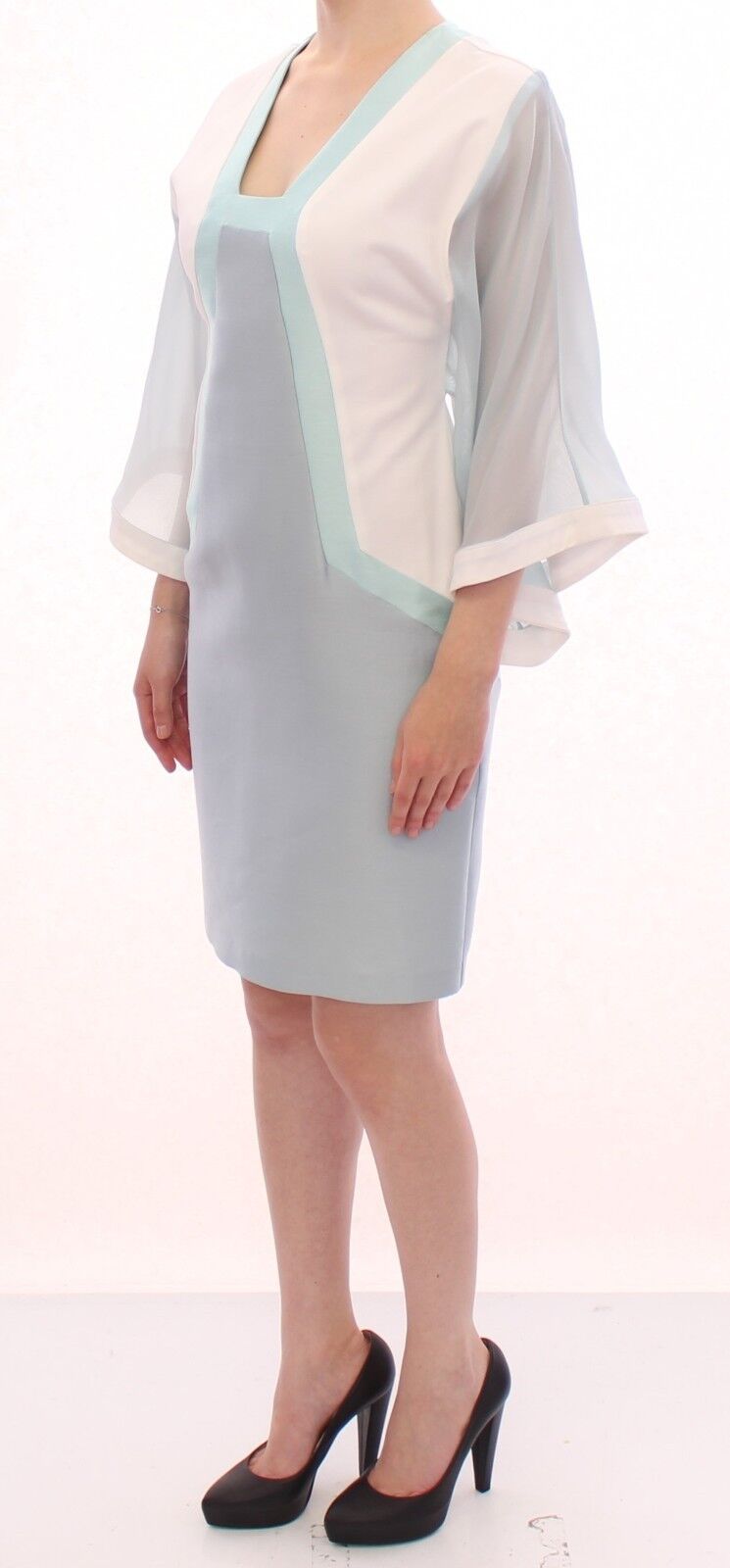 Sergei Grinko White Silk Sheath Formal Turquoise Dress - Fizigo