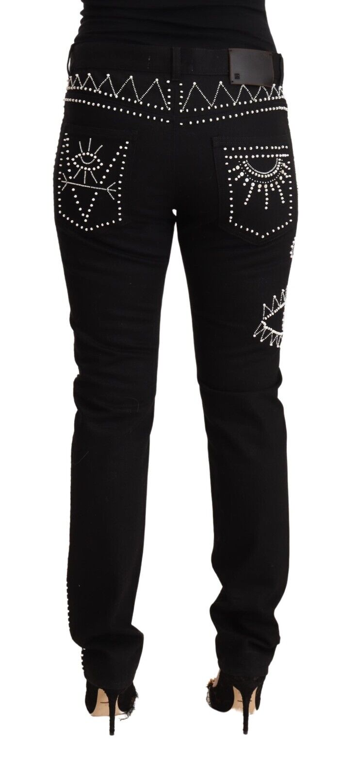 Valentino Black Cotton Mid Waist Embellished Slim Fit Jeans - Fizigo