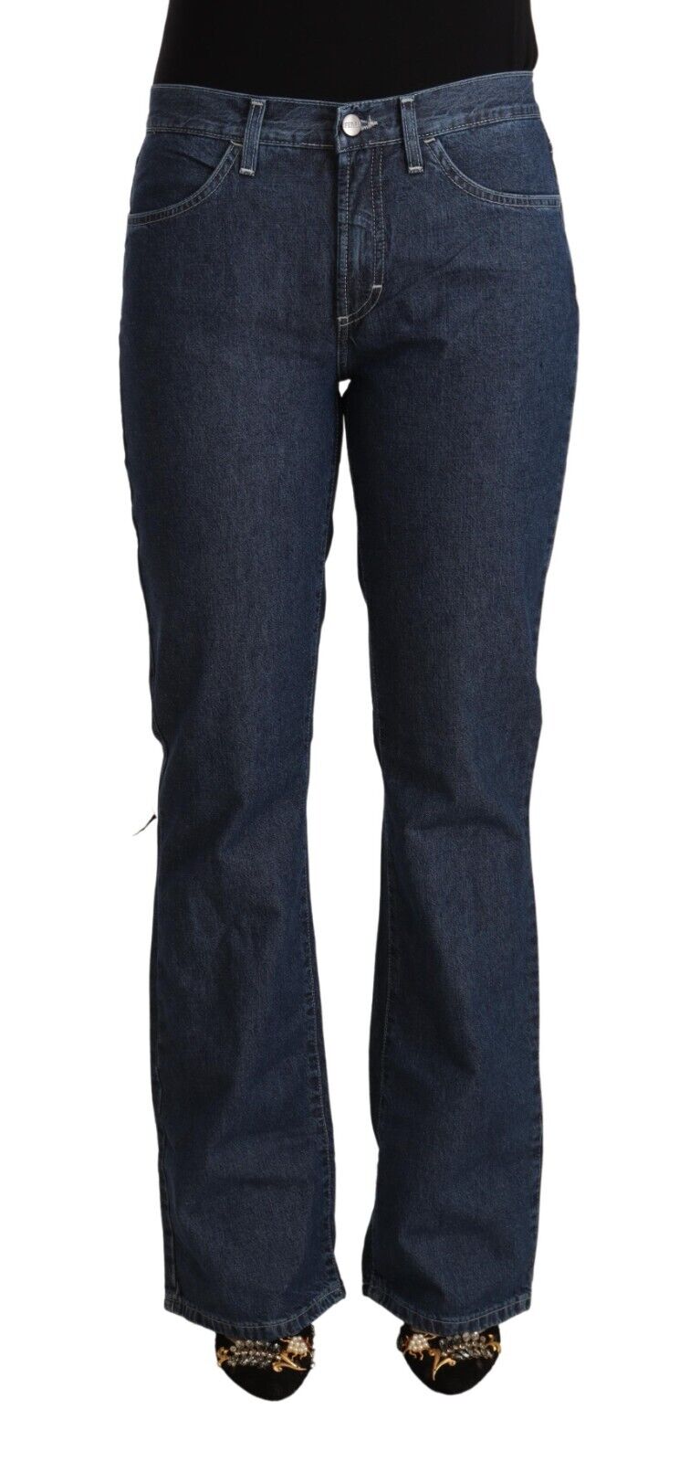 GF Ferre Blue Cotton Mid Waist Flared Denim Jeans - Fizigo