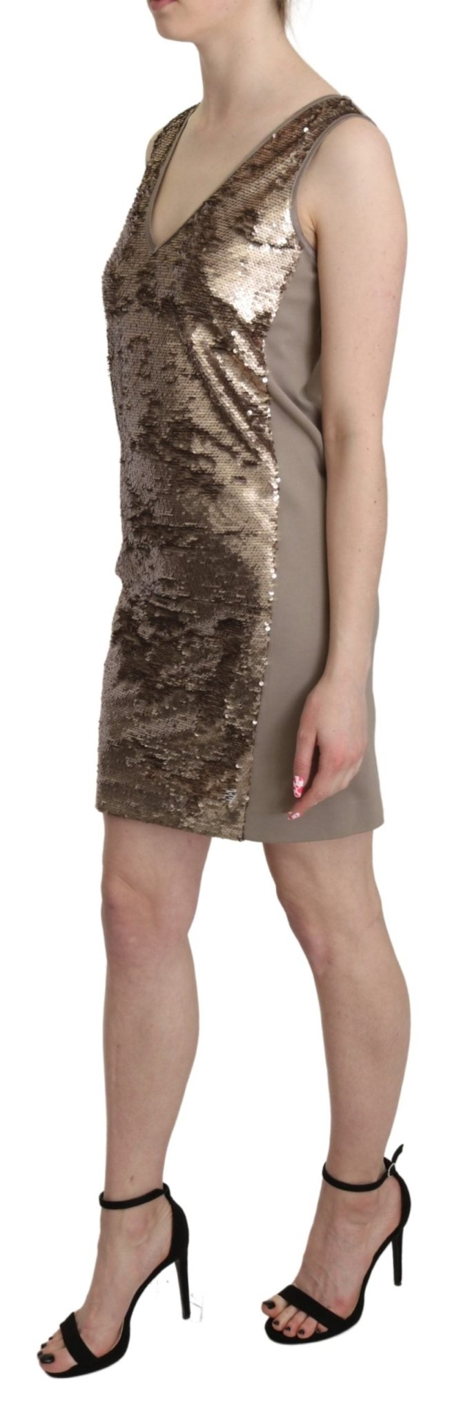 Liu Jo Brown Sequined V-neck Sleeveless Sheath Mini Dress - Fizigo