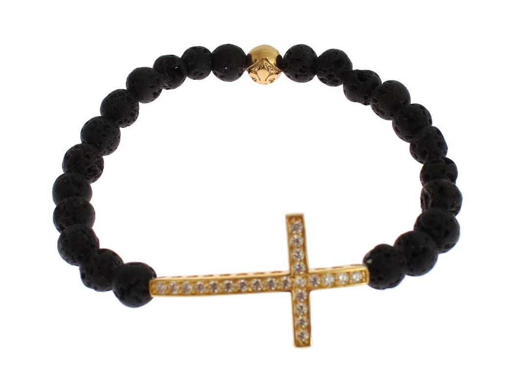 Nialaya Lava Stone Gold Clear CZ Cross 925 Silver Bracelet - Fizigo