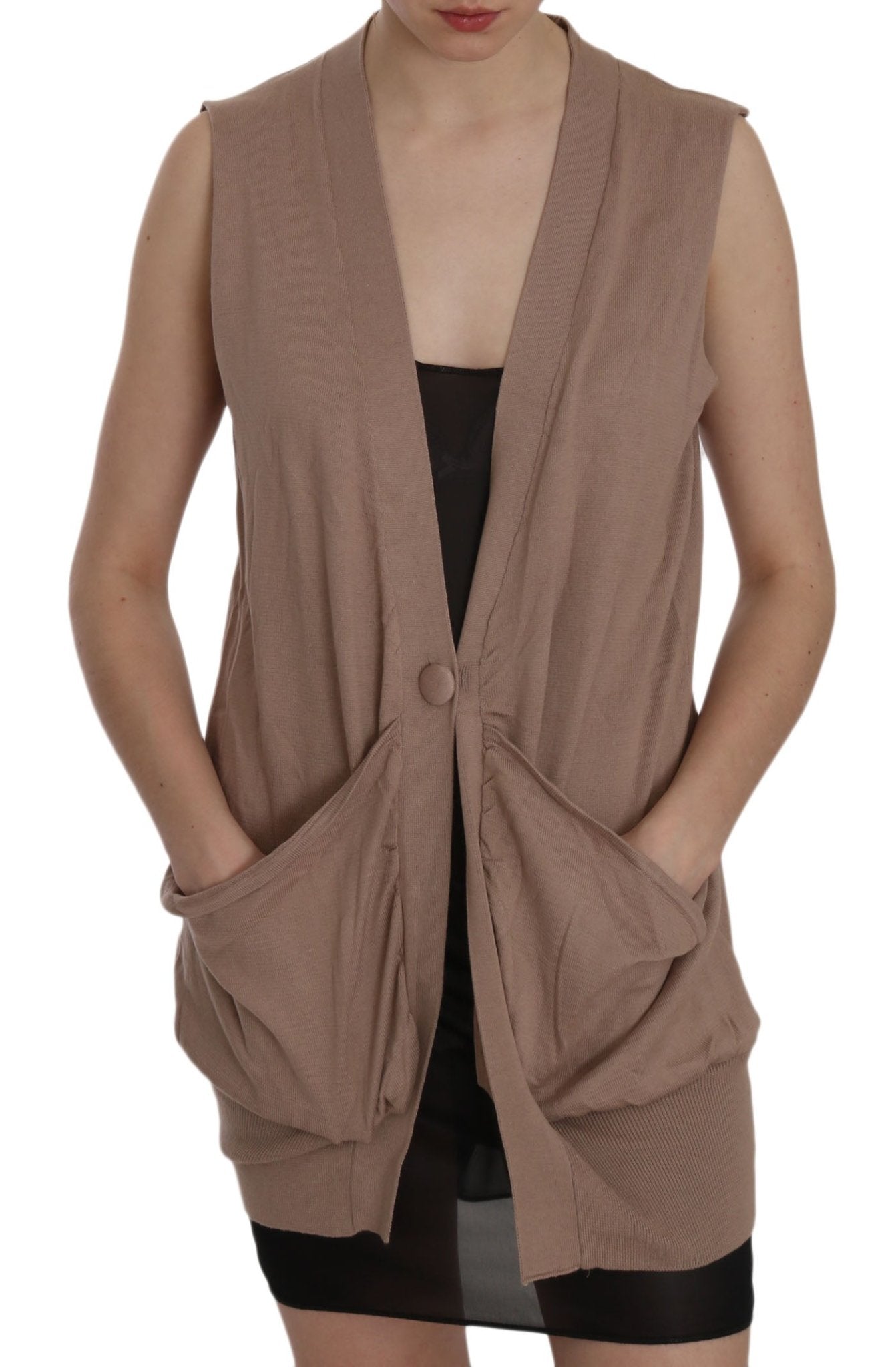 PINK MEMORIES Brown 100% Cotton Sleeveless Cardigan Top Vest - Fizigo