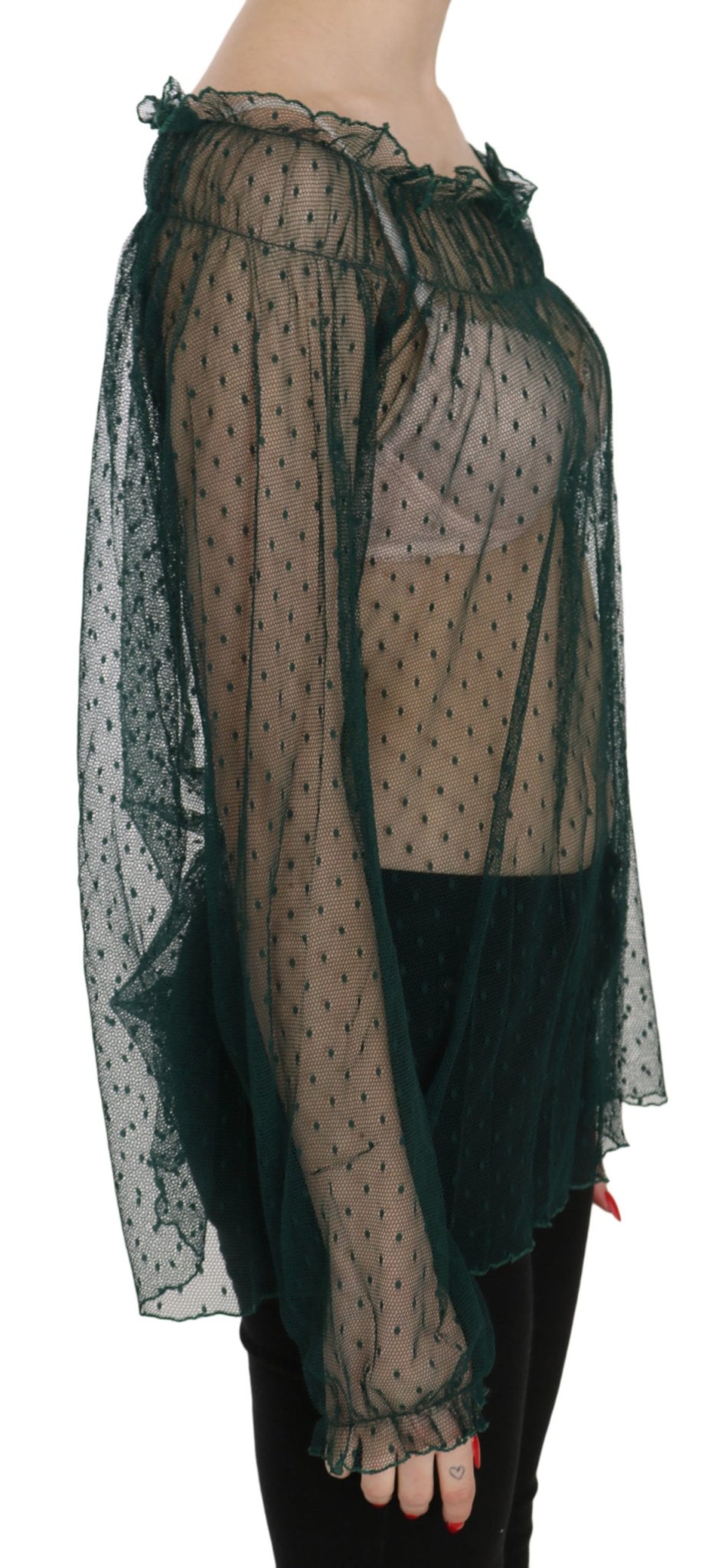 PINK MEMORIES Green Mesh See Through Long Sleeve Top Blouse - Fizigo